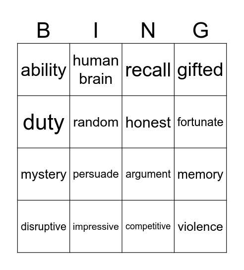 Zosia vocab Bingo Card