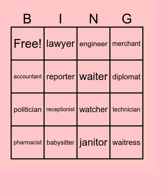 occupations Bingo Card