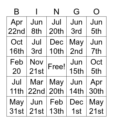 UN Holidays Bingo Card