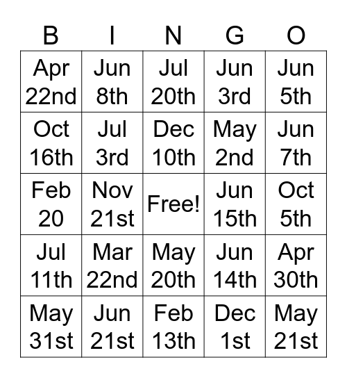 UN Holidays Bingo Card