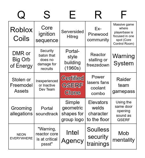 Roblox Core Games Bingo Card