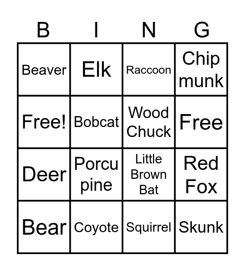 Mammal Sound Bingo Card