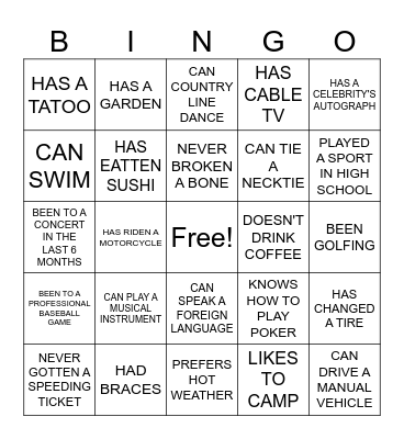 Get to Know You BINGO Card