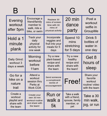 Riddocks Fitness Bingo Card