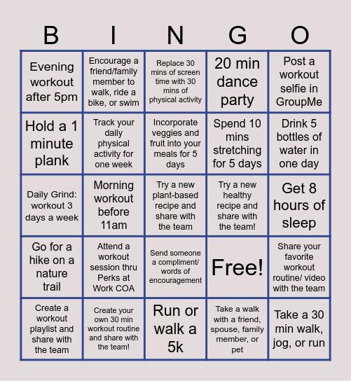 Riddocks Fitness Bingo Card