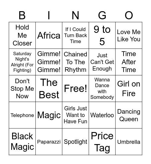 Sing-A-Long Songs!  Bingo Card