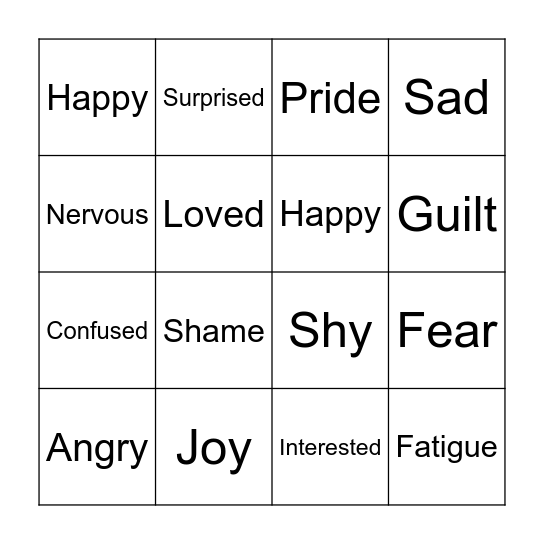 Feelings & Emotions Bingo Card