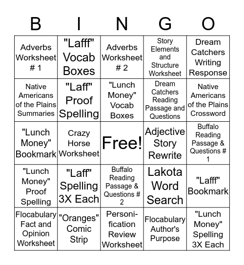 HOMEWORK BINGO Card