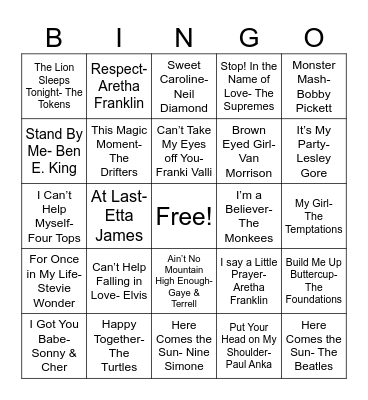 Songs of the 60s Bingo Card