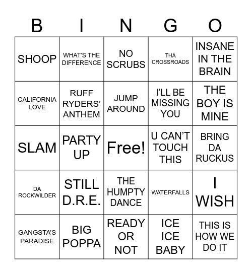 90'S HIP HOP / RNB Bingo Card