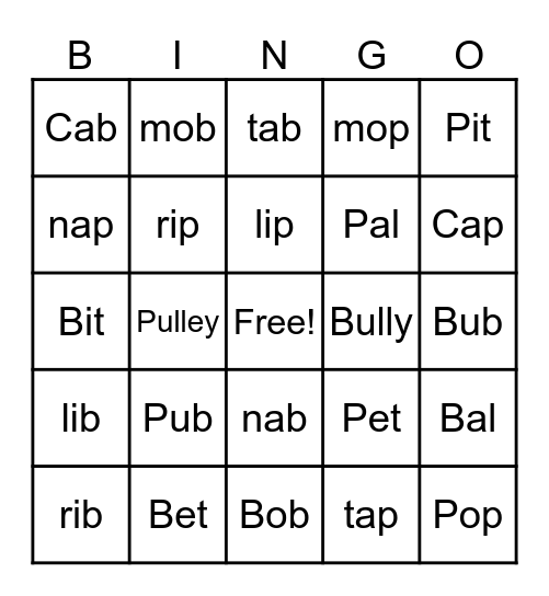P/B Bingo Card
