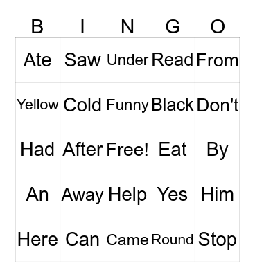 Sight Words Bingo Card