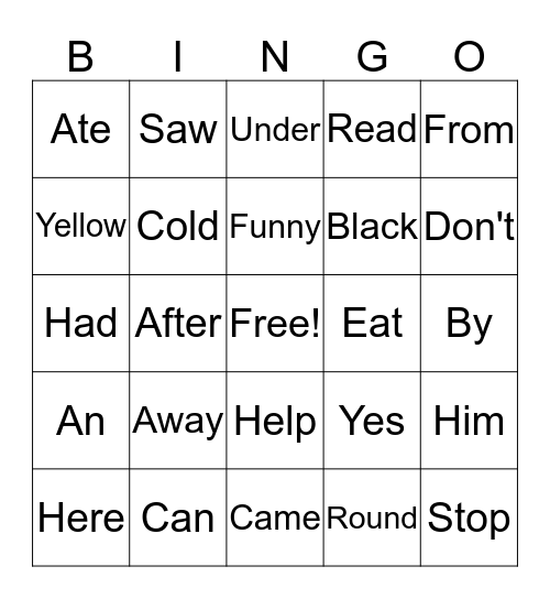 Sight Words Bingo Card