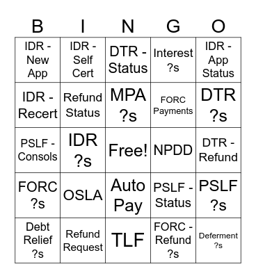 Call Type Bingo Card