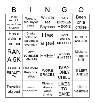 GET TO KNOW YOU BINGO Card