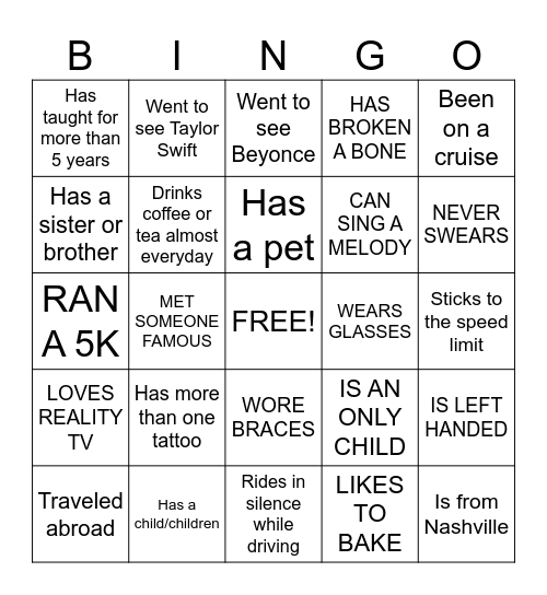 GET TO KNOW YOU BINGO Card