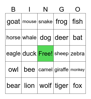Animals Bingo Card