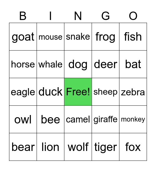 Animals Bingo Card