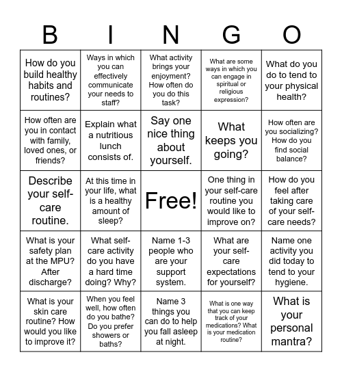 Self Care - W Bingo Card