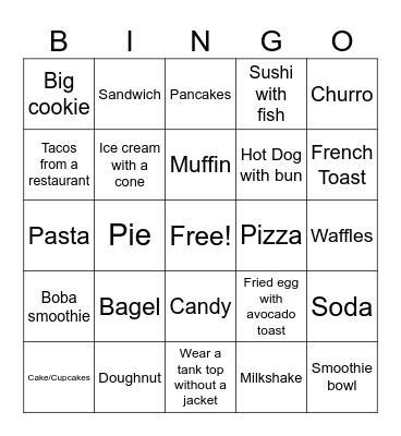 Challenge Foods Bingo Card