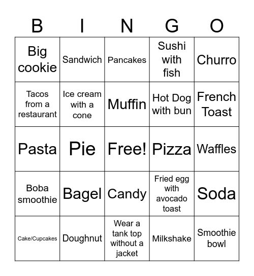 Challenge Foods Bingo Card