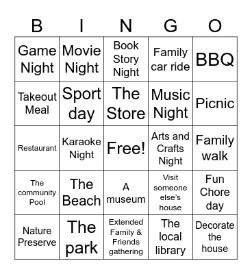 Family Activity Bingo Card