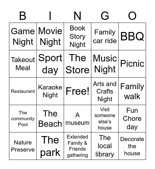 Family Activity Bingo Card