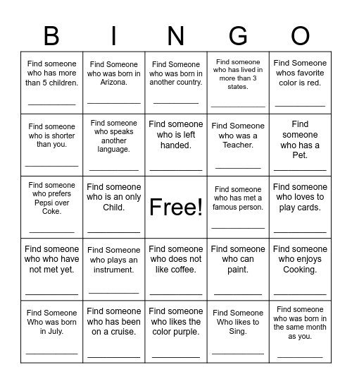 Find Someone Who Bingo Card