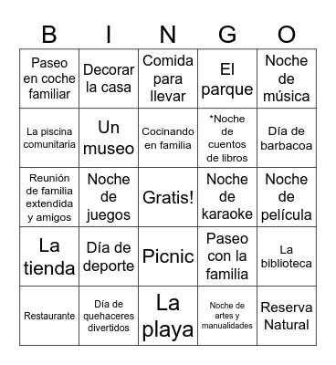 Actividad familiar BINGO Card