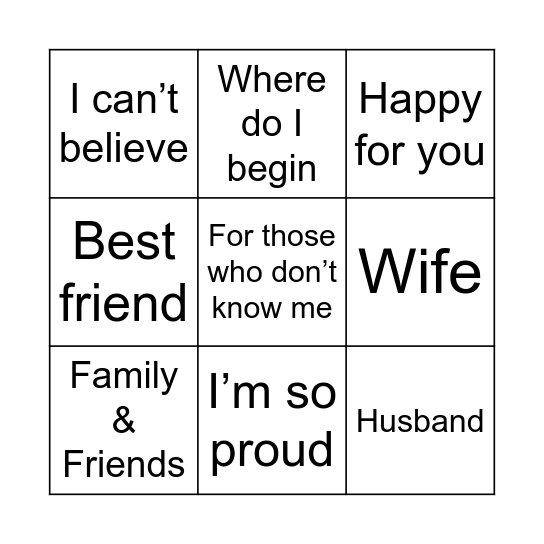 Wedding Speech Bingo Card