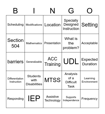 Accommodations Training Bingo Card