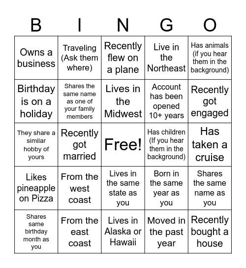 Get to know your customer day! Bingo Card