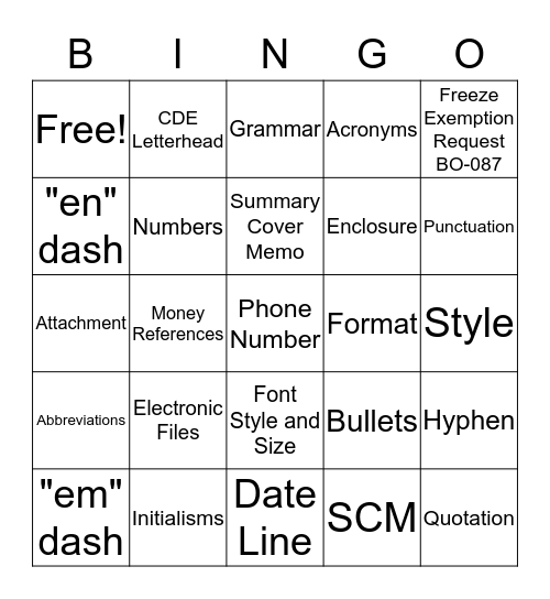 Correspondence Guide Bingo Card