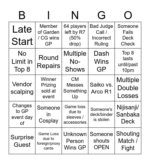 Wixoss GP Bingo Card