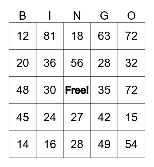 Multiplication Bingo Card