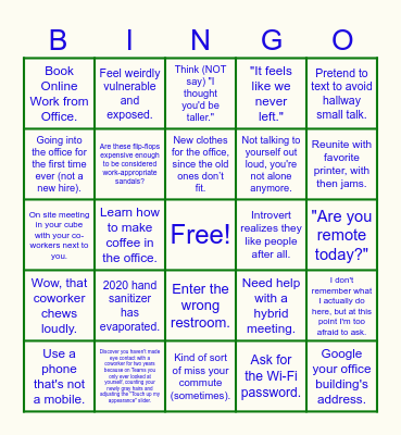 Return to the Office Bingo Card