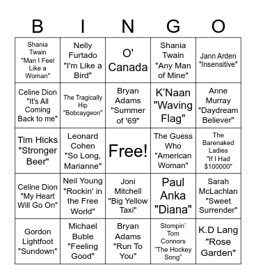 Canadian Music Bingo! Bingo Card