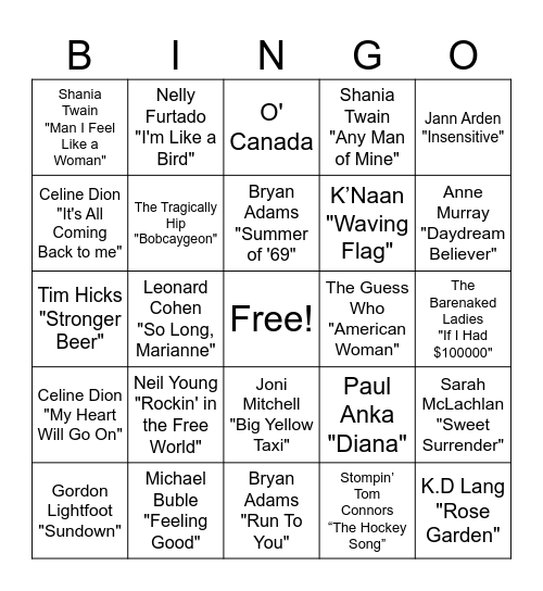 Canadian Music Bingo! Bingo Card