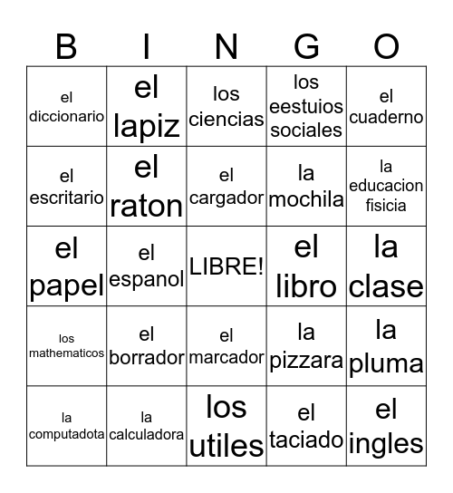 spanish bingo Card