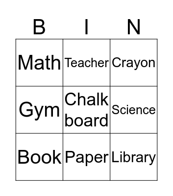 School Bingo Card