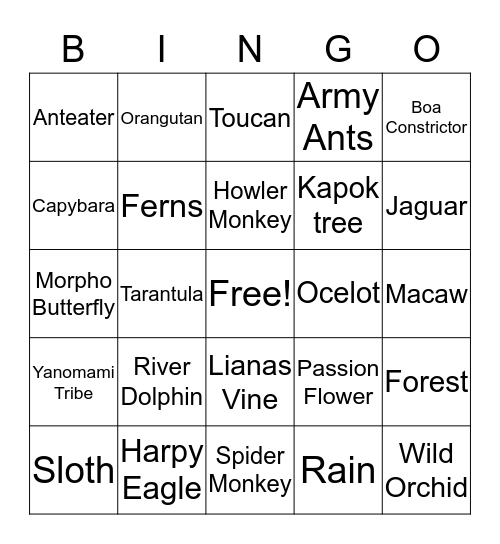 Rain Forest Bingo Card