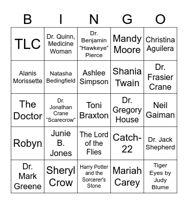 Female Pop Icons, Banned Books, & Fictional Doctors Bingo Card