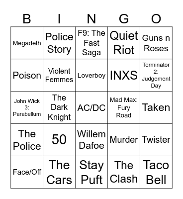 80s Rock & Action Flicks Bingo Card
