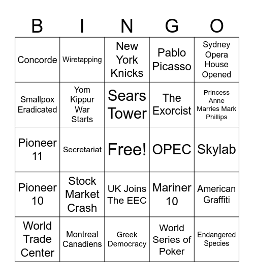 Big Things That Happened in 1973 Bingo Card