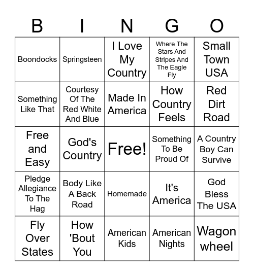 4th of July Country Mix Bingo Card