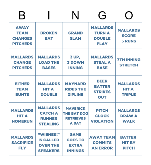 MALLARDS BASEBALL BINGO Card