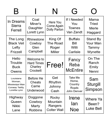 Country Bingo R1 Bingo Card