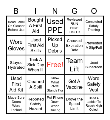 Safety Week Bingo Card