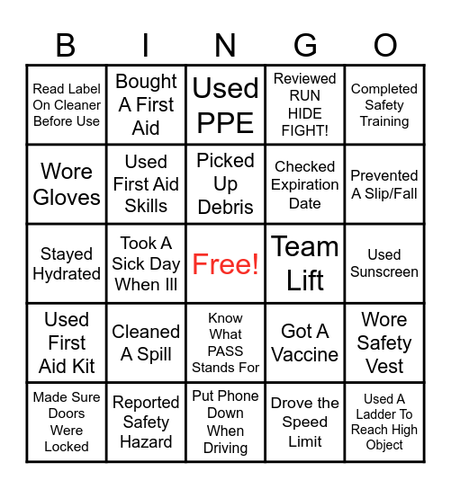 Safety Week Bingo Card