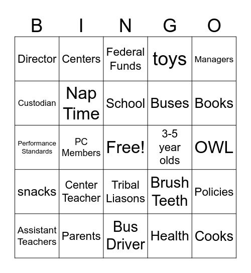 Head Start Bingo Card